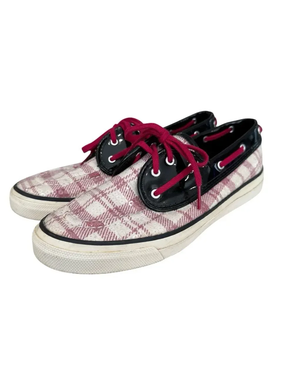 Size 9 Sperry Top Sider Seamate Red Plaid Sequins Black Patent Boat Shoes Womens